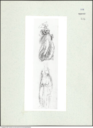 Vorderseite von Biblioteca Reale [https://www.deutsche-digitale-bibliothek.de/content/lizenzen/rv-ez/] Skizzenbuch mit Antiken (Contraffazioni)Gewandfigur mit Monddiadem (Luna?), Karyatide - , bh466698_recto. Foto.