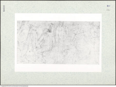 Vorderseite von Biblioteca Reale [https://www.deutsche-digitale-bibliothek.de/content/lizenzen/rv-ez/] Skizzenbuch mit Antiken (Contraffazioni)Sitzende und stehende Figuren aus einem Götterfest(?) - , bh466706_recto. Foto.