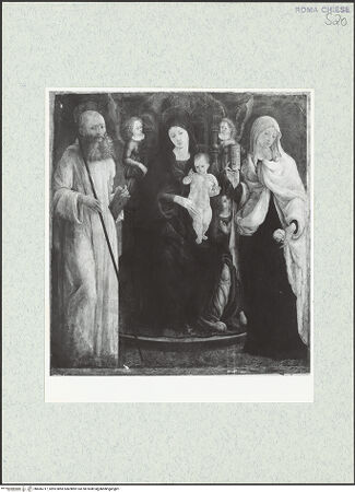 Vorderseite von Sopr. BAS ROMA [https://www.deutsche-digitale-bibliothek.de/content/lizenzen/rv-ez/] Thronende Madonna mit Kind und die heiligen Benedikt und Francesca Romana - , bh466717_recto. Foto.