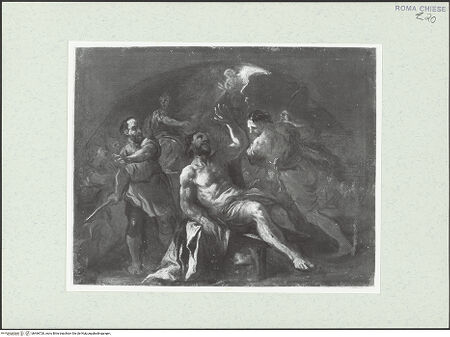 Vorderseite von Sopr. BAS ROMA [https://www.deutsche-digitale-bibliothek.de/content/lizenzen/rv-ez/] Studie für eine Lünette: Martyrium des heiligen Laurentius - , bh466720_recto. Foto.