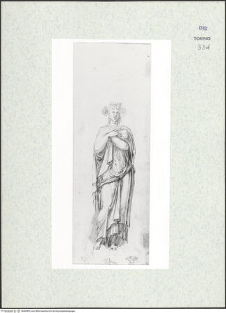 Vorderseite von Biblioteca Reale [https://www.deutsche-digitale-bibliothek.de/content/lizenzen/rv-ez/] Skizzenbuch mit Antiken (Contraffazioni)Weibliche Figur mit gekreutzten Armen und volutenförmigem Kopfputz, Ornamente - , bh466835_recto. Foto.