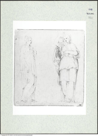 Vorderseite von Biblioteca Reale [https://www.deutsche-digitale-bibliothek.de/content/lizenzen/rv-ez/] Skizzenbuch mit Antiken (Contraffazioni)Zwei stehende Gewandfiguren - , bh466841_recto. Foto.