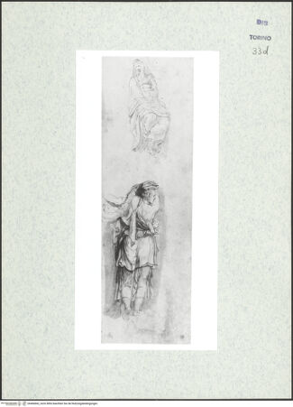 Vorderseite von Biblioteca Reale [https://www.deutsche-digitale-bibliothek.de/content/lizenzen/rv-ez/] Skizzenbuch mit Antiken (Contraffazioni)Sitzende weibliche Figur mit Mantel, Karyatide nach zerstörtem Fresko Daniele da Volterras - , bh466842_recto. Foto.