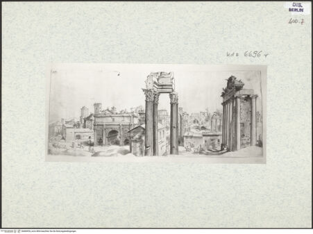 Vorderseite von Staatliche Museen zu Berlin - Preußischer Kulturbesitz, Kupferstichkabinett - Sammlung der Zeichnungen und Druckgraphik [https://www.deutsche-digitale-bibliothek.de/content/lizenzen/rv-ez/] Das Forum Romanum vom Kapitol aus gesehen - , bh466926_recto. Foto.