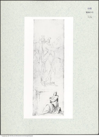 Vorderseite von Biblioteca Reale [https://www.deutsche-digitale-bibliothek.de/content/lizenzen/rv-ez/] Skizzenbuch mit Antiken (Contraffazioni)Drei männliche Figuren, nach oben gerichtet, Architekturdetail, sitzende weibliche Figur - , bh467098_recto. Foto.