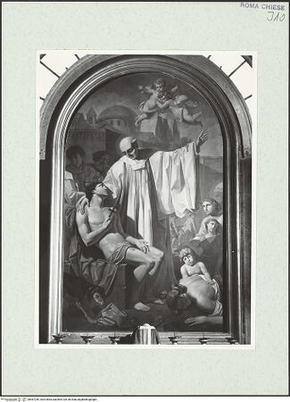 Vorderseite von Sopr. BAS ROMA [https://www.deutsche-digitale-bibliothek.de/content/lizenzen/rv-ez/] Der selige Bernardo Tolomei tröstet einen Pestkranken - , bh467239_recto. Foto.