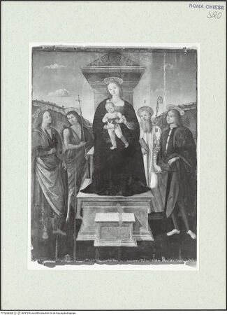 Vorderseite von Sopr. BAS ROMA [https://www.deutsche-digitale-bibliothek.de/content/lizenzen/rv-ez/] Thronende Madonna mit Kind und Heiligen - nach der Restaurierung, bh467246_recto. Foto.