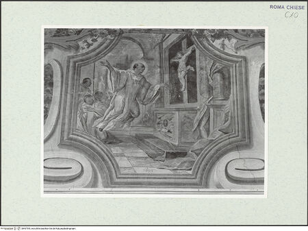 Vorderseite von Sopr. BAS ROMA [https://www.deutsche-digitale-bibliothek.de/content/lizenzen/rv-ez/] Szenen aus dem Leben des seligen Bernardo Tolomei und der heiligen Francesca RomanaEkstase des seligen Bernarndo Tolomei in Anbetung des Kreuzes - , bh467545_recto. Foto.