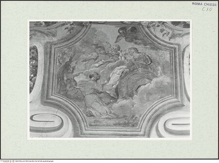 Vorderseite von Sopr. BAS ROMA [https://www.deutsche-digitale-bibliothek.de/content/lizenzen/rv-ez/] Szenen aus dem Leben des seligen Bernardo Tolomei und der heiligen Francesca RomanaMaria überreicht dem seligen Bernardo Tolomei das Ordensgewand - , bh467608_recto. Foto.