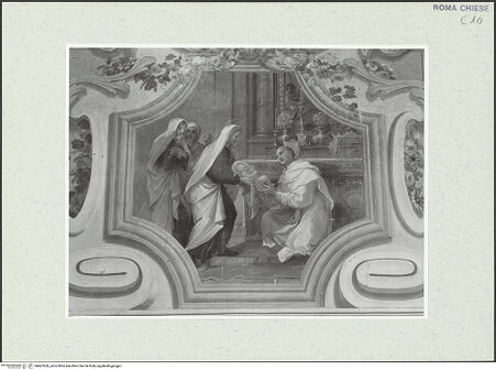 Vorderseite von Sopr. BAS ROMA [https://www.deutsche-digitale-bibliothek.de/content/lizenzen/rv-ez/] Szenen aus dem Leben des seligen Bernardo Tolomei und der heiligen Francesca RomanaDie heilige Francesca Romana reicht dem seligen Bernardo Tolomei das Christkind - , bh467609_recto. Foto.