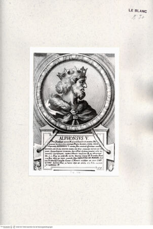 Vorderseite von Istituto Nazionale per la Grafica [http://creativecommons.org/publicdomain/mark/1.0/] Heroicas Regum Hispaniarum Imagines ab Ataulpho ad Carolum II. (...)Tafel 55: Alphonsus V. - , bh467627. Foto.