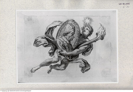 Vorderseite von Istituto Nazionale per la Grafica [http://creativecommons.org/publicdomain/mark/1.0/] Fackeltragender, schwebender Genius mit dem Ovalbild Clemens' XI. - , bh468388. Foto.