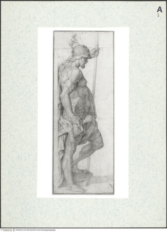 Vorderseite von Graphische Sammlung Albertina [https://www.deutsche-digitale-bibliothek.de/content/lizenzen/rv-ez/] Krieger mit Lanze, Schwert und Helm, nach rechts stehend - , bh469509_recto. Foto.