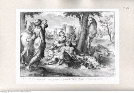 Vorderseite von Istituto Nazionale per la Grafica [http://creativecommons.org/publicdomain/mark/1.0/] Torquato Tasso, La Gerusalemme liberataErminia pflegt den verwundeten Tancred (19. Gesang) - , bh469585. Foto.