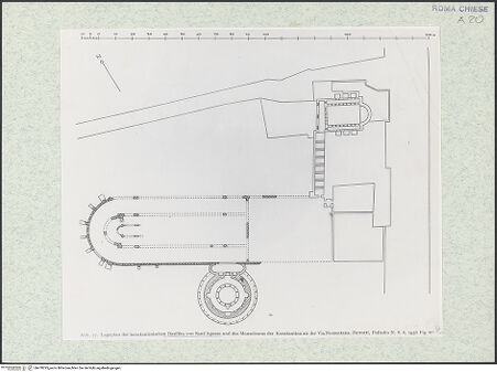 Vorderseite von Bibliotheca Hertziana [https://www.deutsche-digitale-bibliothek.de/content/lizenzen/rv-ez/] Grundrisse zu Sant'Agnese fuori le Mura - Lageplan der konstantinischen Basilika und des Mausoleums der Konstantina nach Perrotti, in: Palladio, N.S. 6 (1956), bh470295_recto. Foto.