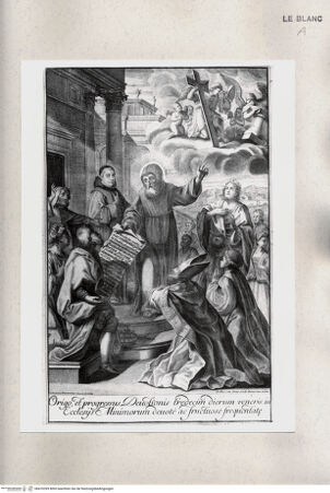 Vorderseite von Istituto Nazionale per la Grafica [http://creativecommons.org/publicdomain/mark/1.0/] Ein heiliger Mönch, vor dem ein Herrscher und ein Bischof knien, weist auf eine Engelschar mit den Passionswerkzeugen auf Wolken - , bh470399. Foto.