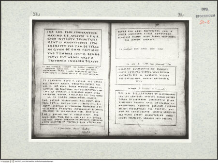 Vorderseite von Kungliga Biblioteket [https://www.deutsche-digitale-bibliothek.de/content/lizenzen/rv-ez/] Inscriptionum antiquarum (Codex Holmiensis)Römische Inschriften; in Rom - 97 v & 98 r, bh470831_recto. Foto.