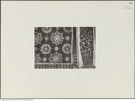 Vorderseite von unbekannt [https://www.deutsche-digitale-bibliothek.de/content/lizenzen/rv-fz/] Mosaikzyklus mit dem apokalyptischen Triumph des Kreuzes, den Aposteln, dem Heiligen Laurentius und dem Guten HirtenNordwand und nördliches Langhaus: Apostel, Tauben und Christus als Guter Hirte - Gewölbe und Bogen: Detail mit Blütenornament und Fruchtgirlande, bh470937_recto. Foto.