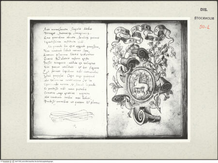 Vorderseite von Kungliga Biblioteket [https://www.deutsche-digitale-bibliothek.de/content/lizenzen/rv-ez/] Inscriptionum antiquarum (Codex Holmiensis)Emblem: Hirsch in einem Rollwerkrahmen, darüber eine griechische Devise - , bh471092_recto. Foto.