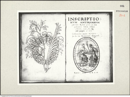 Vorderseite von Kungliga Biblioteket [https://www.deutsche-digitale-bibliothek.de/content/lizenzen/rv-ez/] Inscriptionum antiquarum (Codex Holmiensis)Titelseite mit Vignette - , bh471093_recto. Foto.