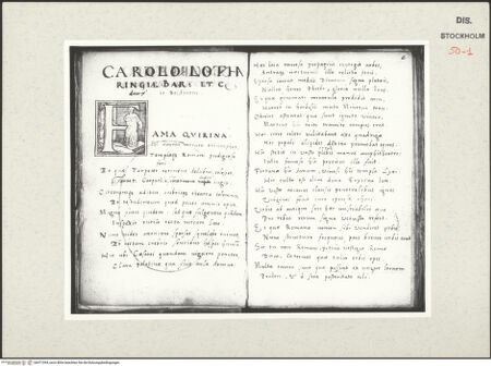 Vorderseite von Kungliga Biblioteket [https://www.deutsche-digitale-bibliothek.de/content/lizenzen/rv-ez/] Inscriptionum antiquarum (Codex Holmiensis)Widmungstext Boissards an Karl von Lothringen - Textseiten d verso  (mit Initale F) und e recto, bh471094_recto. Foto.