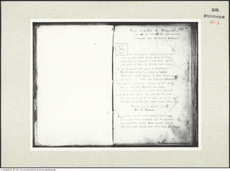 Vorderseite von Kungliga Biblioteket [https://www.deutsche-digitale-bibliothek.de/content/lizenzen/rv-ez/] Inscriptionum antiquarum (Codex Holmiensis)Textseite mit Sonetten von Paul Chouart de Buzenaul und N. Clement (Fortsetzung auf dem verso) - , bh471100_recto. Foto.