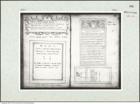 Vorderseite von Kungliga Biblioteket [https://www.deutsche-digitale-bibliothek.de/content/lizenzen/rv-ez/] Inscriptionum antiquarum (Codex Holmiensis)Epitaph des Rudolf Agricola und Grabinschrift des Poeten Franco, in Wiener Stephansdom - , bh471336_recto. Foto.
