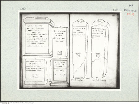Vorderseite von Kungliga Biblioteket [http://creativecommons.org/publicdomain/mark/1.0/] Inscriptionum antiquarum (Codex Holmiensis)Römische Inschriften - , bh471343_recto. Foto.