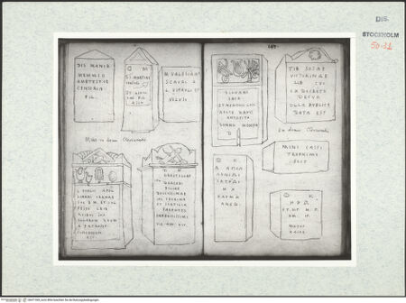 Vorderseite von Kungliga Biblioteket [https://www.deutsche-digitale-bibliothek.de/content/lizenzen/rv-ez/] Inscriptionum antiquarum (Codex Holmiensis)Römische Grabinschriften, in Metz, Sammlung des Baron de Clervant - , bh471369_recto. Foto.