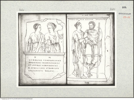 Vorderseite von Kungliga Biblioteket [https://www.deutsche-digitale-bibliothek.de/content/lizenzen/rv-ez/] Inscriptionum antiquarum (Codex Holmiensis)Römisches Grabrelief (Aurelia Sempronia und Lepida Hermogenia), in Rom, Quirinal - , bh471375_recto. Foto.