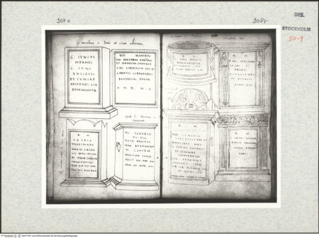 Vorderseite von Kungliga Biblioteket [https://www.deutsche-digitale-bibliothek.de/content/lizenzen/rv-ez/] Inscriptionum antiquarum (Codex Holmiensis)Römische Grabmäler; in Rom - , bh471401_recto. Foto.