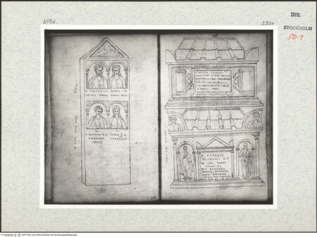 Vorderseite von Kungliga Biblioteket [https://www.deutsche-digitale-bibliothek.de/content/lizenzen/rv-ez/] Inscriptionum antiquarum (Codex Holmiensis)Römisches Grabmal zweier Ehepaare; in Mutina - , bh471403_recto. Foto.