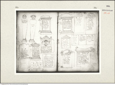 Vorderseite von Kungliga Biblioteket [https://www.deutsche-digitale-bibliothek.de/content/lizenzen/rv-ez/] Inscriptionum antiquarum (Codex Holmiensis)Römische Hermen, Grabmäler und Grabinschriften; in den Gärten Papst Julius III. - , bh471408_recto. Foto.