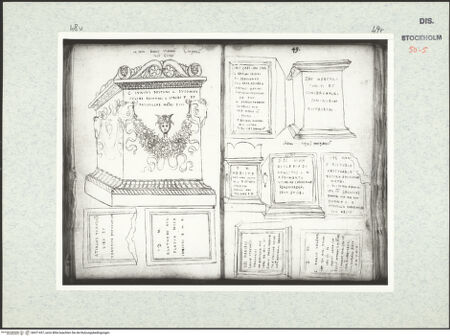 Vorderseite von Kungliga Biblioteket [https://www.deutsche-digitale-bibliothek.de/content/lizenzen/rv-ez/] Inscriptionum antiquarum (Codex Holmiensis)Römisches Grabmal und Inschriften; in den Gärten des Kardinals Carpi in Rom - , bh471437_recto. Foto.