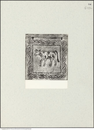 Vorderseite von unbekannt [https://www.deutsche-digitale-bibliothek.de/content/lizenzen/rv-fz/] Fragmente des alten Fußbodens (Vierter Kreuzzug, Roman de Renard, Bestiarium)Kuh - Gesamtansicht, bh471600_recto. Foto.