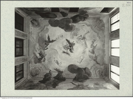 Vorderseite von Böhm [https://www.deutsche-digitale-bibliothek.de/content/lizenzen/rv-ez/] Sturz der GigantenZeus auf dem Adler umgeben von Göttern und Amoretten - Decke mit Zeus und weiteren Göttern, bh472268_recto. Foto.