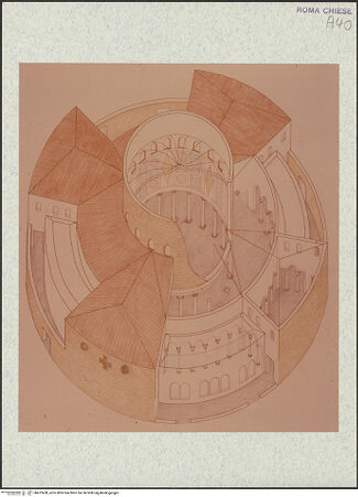 Vorderseite von unbekannt [https://www.deutsche-digitale-bibliothek.de/content/lizenzen/rv-fz/] Santo Stefano Rotondo - Rekonstruktion der Kirche (Zeichnung: Angela Coccia), bh472458_recto. Foto.