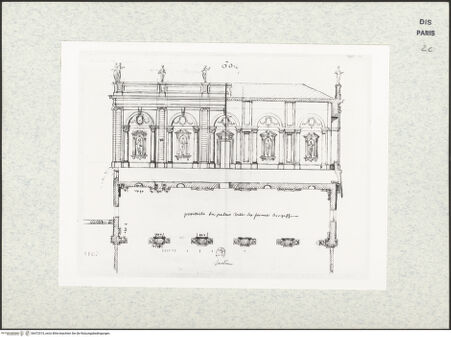 Vorderseite von Bibliothèque Nationale, Paris [https://www.deutsche-digitale-bibliothek.de/content/lizenzen/rv-ez/] Aufriss, Schnitt und Grundriss der Villa Mondragone, Frascati - , bh472515_recto. Foto.