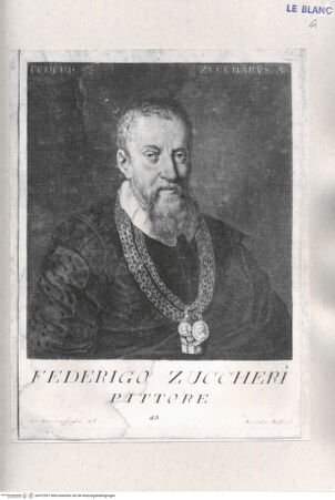 Vorderseite von unbekannt [http://creativecommons.org/publicdomain/mark/1.0/] Museo Fiorentino che contiene i ritratti de' Pittori consacrato alla sacra cesarea Maestà dell'augustissimo Francesco I ... Bd. 1 und 2.Bd. 1, Taf. 43 (S. 191): Bildnis des Federico Zuccari - , bh472597. Foto.