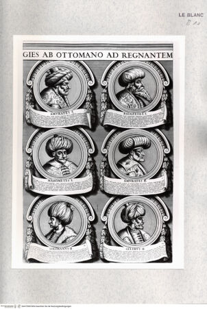 Vorderseite von Istituto Nazionale per la Grafica [http://creativecommons.org/publicdomain/mark/1.0/] Ottomanorum principum effigies ab Ottomano ad regnantem Mustapham II. - Detail oben Mitte: 6 Medaillons (Nr. 3, 4, 8, 9 ,13, 14), bh472985. Foto.