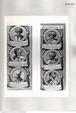 Vorderseite von Istituto Nazionale per la Grafica [http://creativecommons.org/publicdomain/mark/1.0/] Ottomanorum principum effigies ab Ottomano ad regnantem Mustapham II. - Detail rechts oben und unten: 6 Medaillons (Nr. 5, 10, 15, 20, 25, 30), bh472989. Foto.