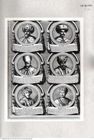 Vorderseite von Istituto Nazionale per la Grafica [http://creativecommons.org/publicdomain/mark/1.0/] Ottomanorum principum effigies ab Ottomano ad regnantem Mustapham II. - Detail unten links: 6 Medaillons (Nr. 16, 17, 21, 22, 26, 27), bh472990. Foto.