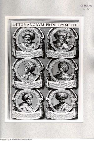 Vorderseite von Istituto Nazionale per la Grafica [http://creativecommons.org/publicdomain/mark/1.0/] Ottomanorum principum effigies ab Ottomano ad regnantem Mustapham II. - Detail oben links: 6 Medaillons (Nr. 1, 2, 6, 7, 11, 12), bh472994. Foto.