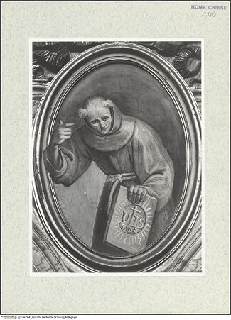 Vorderseite von Sopr. BAS ROMA [https://www.deutsche-digitale-bibliothek.de/content/lizenzen/rv-ez/] Zyklus von Ovalbildern mit Heiligensiebter Zwickel rechts: Der heilige Berhardin von Siena - , bh473441_recto. Foto.