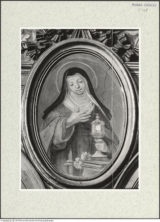 Vorderseite von Sopr. BAS ROMA [https://www.deutsche-digitale-bibliothek.de/content/lizenzen/rv-ez/] Zyklus von Ovalbildern mit Heiligenzwölfter Zwickel links: Die heilige Klara von Assisi - , bh473445_recto. Foto.