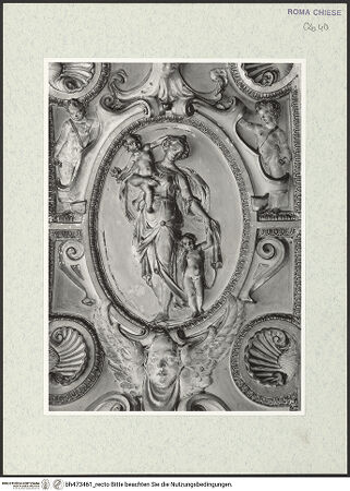 Vorderseite von Sopr. BAS ROMA [https://www.deutsche-digitale-bibliothek.de/content/lizenzen/rv-ez/] Stuckdekoration des Gewölbebogens oberhalb des AltarsDetail: Caritas - , bh473461_recto. Foto.