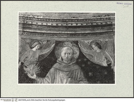 Vorderseite von Sopr. BAS ROMA [https://www.deutsche-digitale-bibliothek.de/content/lizenzen/rv-ez/] Der heilige Antonius von Padua und ein Stifterehepaar - Detail: oberer Teil mit Inschrift, bh473490_recto. Foto.