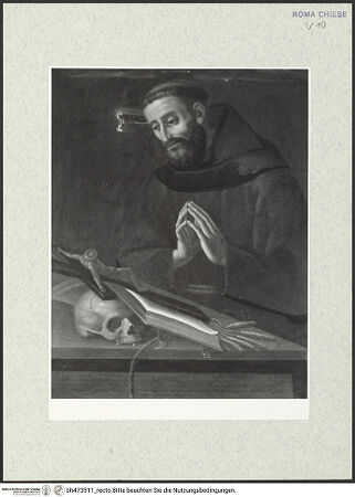 Vorderseite von Sopr. BAS ROMA [https://www.deutsche-digitale-bibliothek.de/content/lizenzen/rv-ez/] Der heilige Franziskus in Anbetung des Kreuzes - , bh473511_recto. Foto.