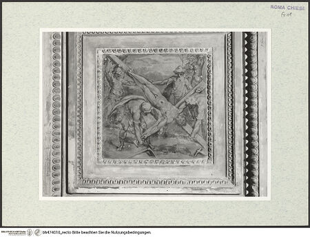 Vorderseite von Sopr. BAS ROMA [https://www.deutsche-digitale-bibliothek.de/content/lizenzen/rv-ez/] PassionszyklusPfeiler, mittleres Bildfeld: Der heilige Petrusunteres Bildfeld: Kreuzigung Petri - , bh474010_recto. Foto.