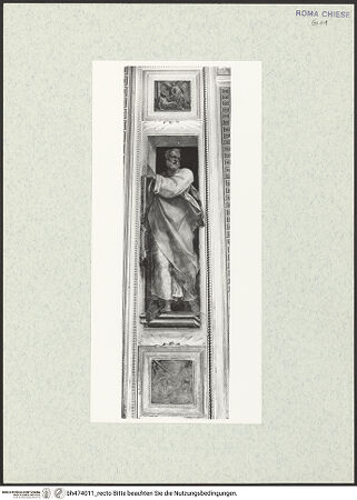 Vorderseite von Sopr. BAS ROMA [https://www.deutsche-digitale-bibliothek.de/content/lizenzen/rv-ez/] PassionszyklusPfeiler, mittleres Bildfeld: Der heilige Petrus - Bildfeld oben "Befreiung Petri", unten "Kreuzigung Petri", bh474011_recto. Foto.